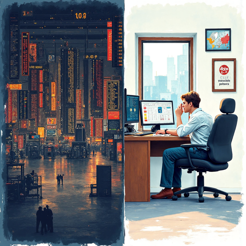 ภาพเปรียบเทียบระหว่างตลาดเทรดที่วุ่นวายกับพื้นที่ทำงานสงบสำหรับนักเทรดเดี่ยว