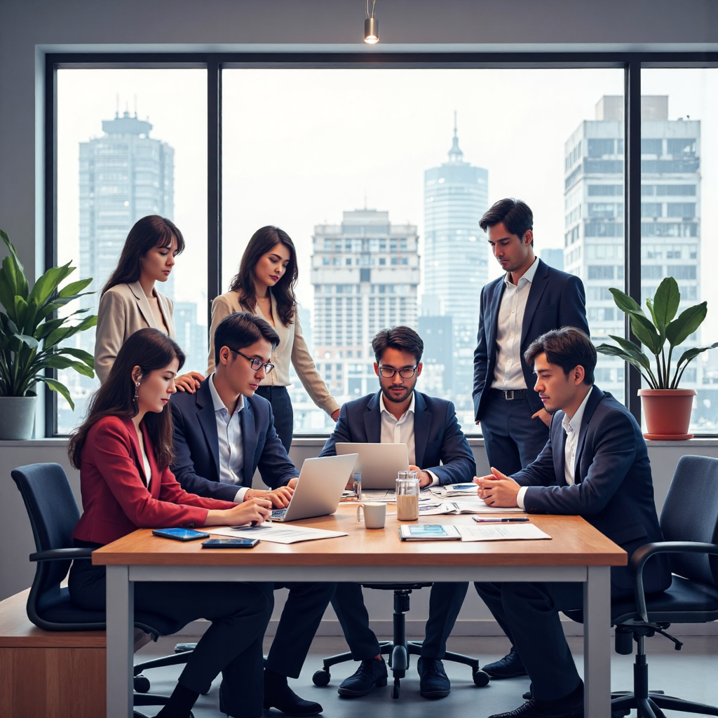 กลุ่มนักเทรดไทยหลากหลายวัยกำลังศึกษากราฟและแผนภูมิในสำนักงานทันสมัย